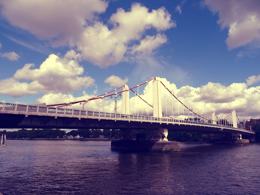 A wide view of Hammersmith Bridge spanning the River Thames during daylight, with a clear sky overhead. The bridge's white arch and structural supports are visible, along with wooden railings along th