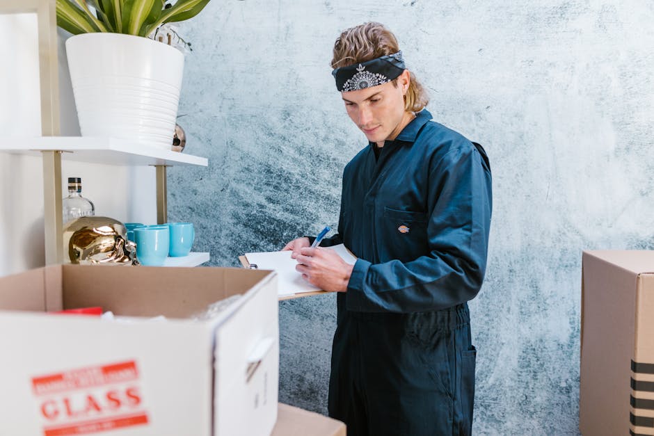 A young man with light skin, wearing a dark blue work jumpsuit and a black bandana with white patterns, is standing inside a room with a textured light grey wall. He is holding a clipboard and a blue pen, appearing to be noting details related to house removals. Surrounding him are cardboard boxes, one with a red and white label, and various packing materials like tissue paper or bubble wrap. To his left, there are two light blue mugs on a white shelf, alongside decorative items including a gold-colored object and a clear glass bottle. A large white potted plant with long green leaves is positioned on the top shelf above the mugs. The environment suggests a preparatory phase of a furniture transport or home relocation process, with the individual likely performing inventory or packing tasks as part of a professional removals service offered by Man and a Van Hammersmith.